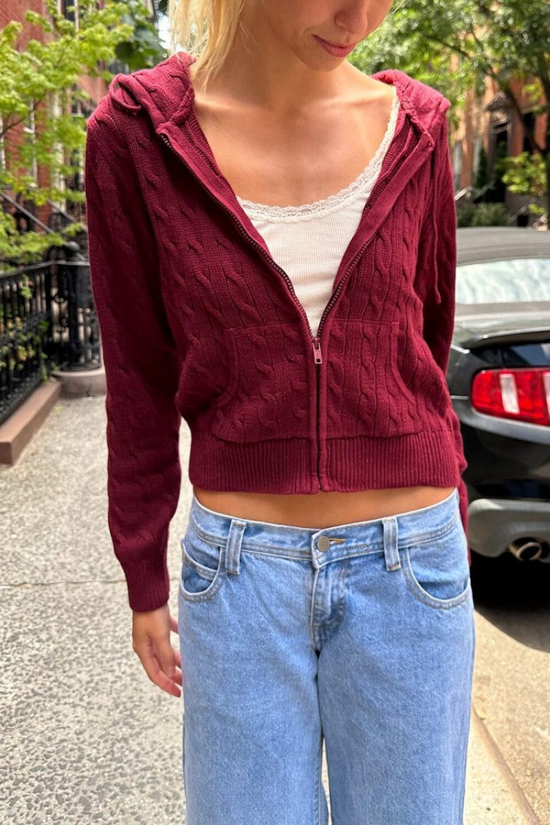 Sweat a Capuche Brandy Melville Ayla Cable Knit Bordeaux | TTR-74153090